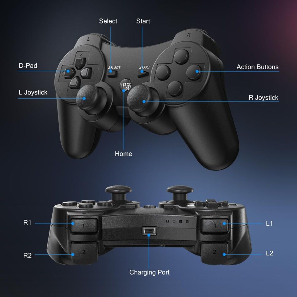 2 Pack Wireless Controller For Playstation3 with 2 Charging Cables (Black&White) - Picture 3 of 4